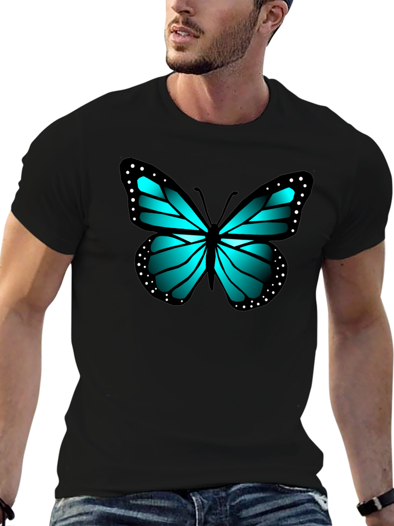 Blue Butterfly Graphic Black Tee