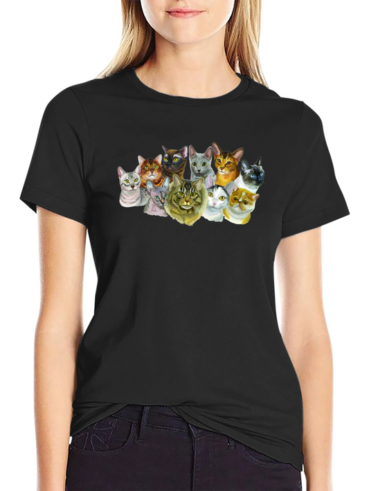 Cats T-Shirt - Black Crew Neck Tee with Cat Print