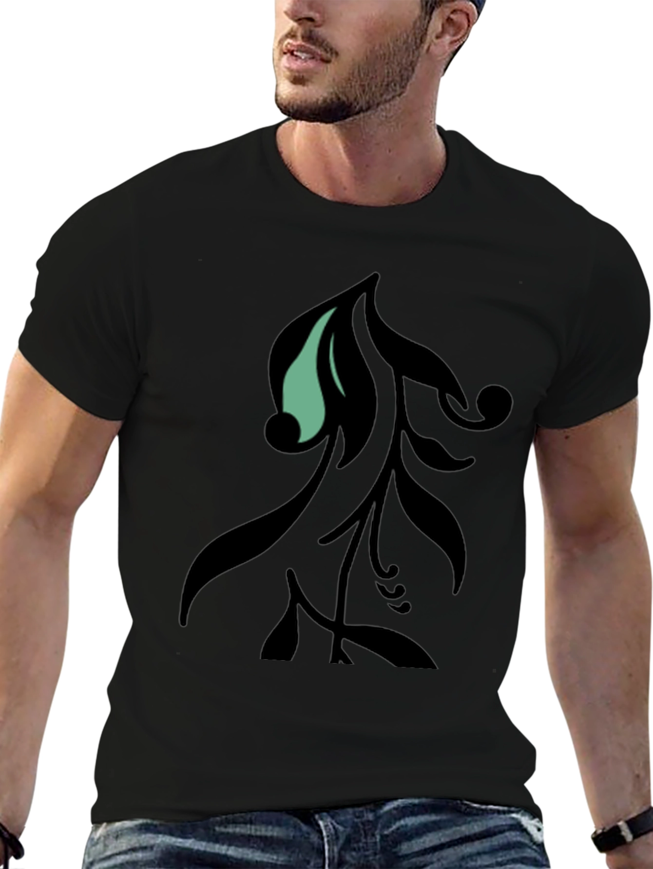Stylish Black Graphic Tee with Leaf Design