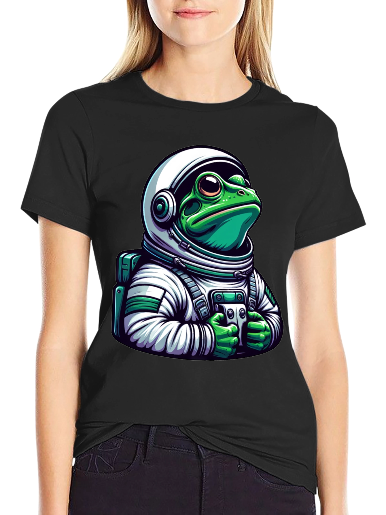 Frog Astronaut Graphic Tee - Black Cotton T-Shirt