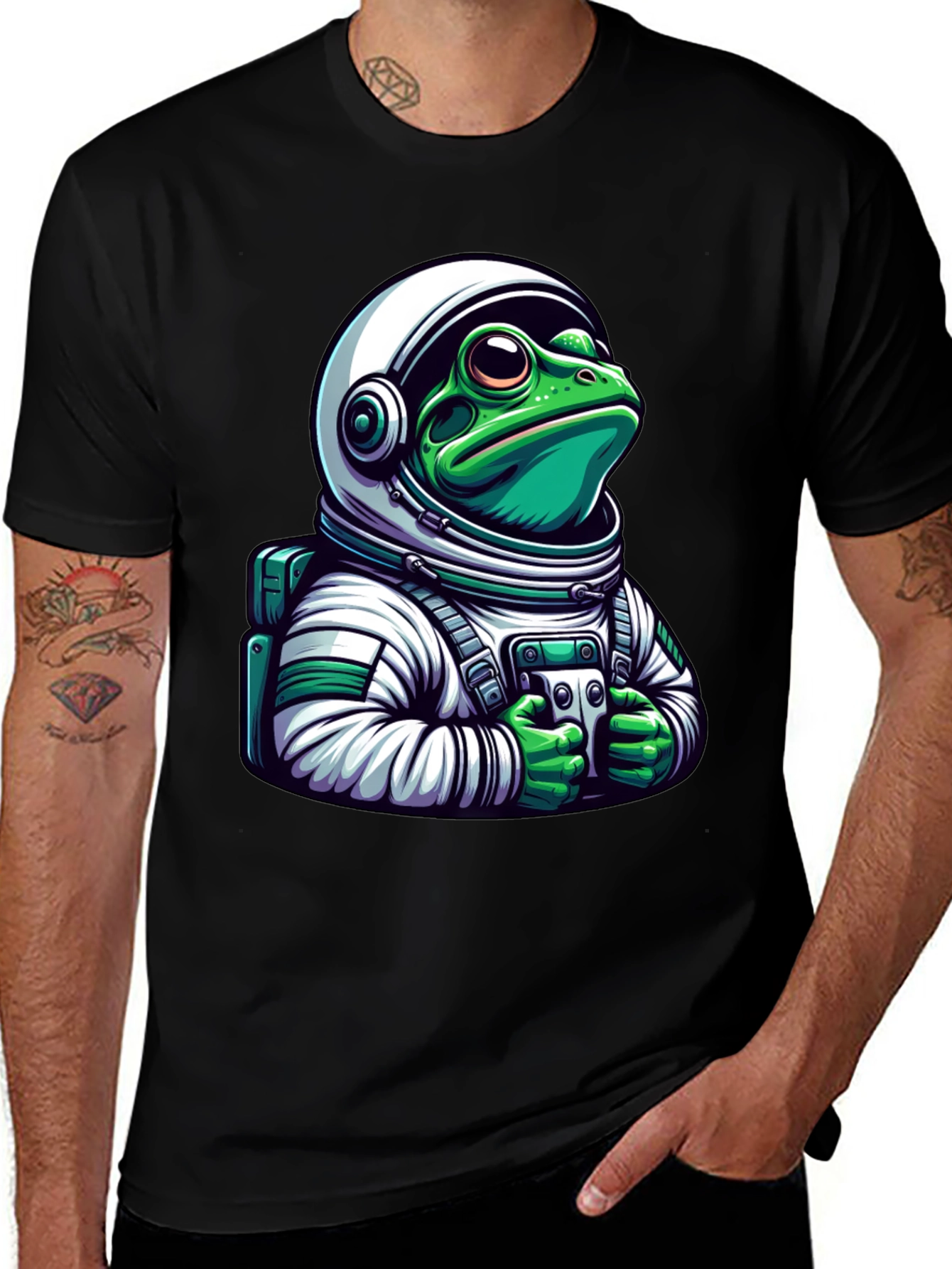 Frog Astronaut Graphic Tee - Black Cotton T-Shirt