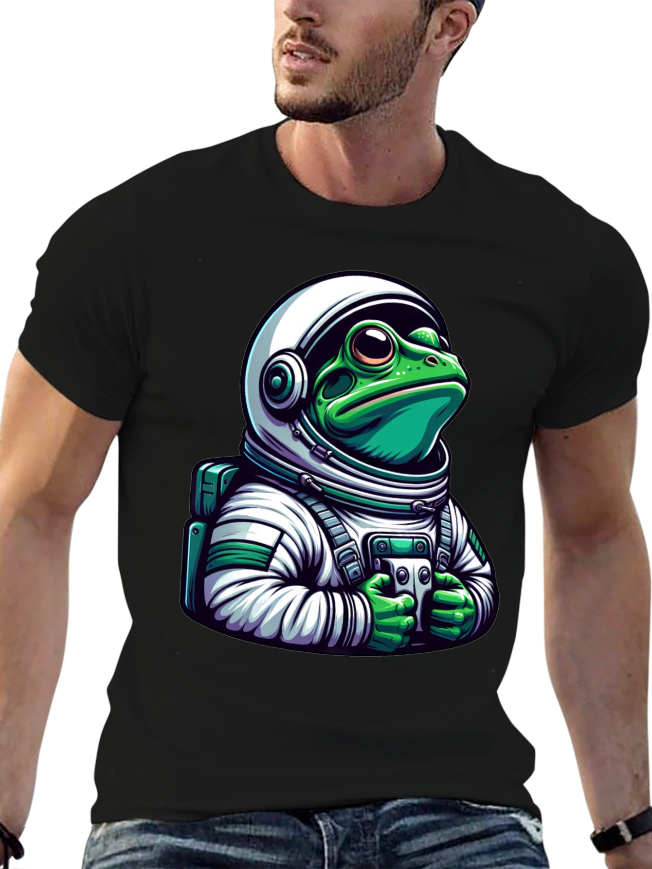 Frog Astronaut Graphic Tee - Black Cotton T-Shirt