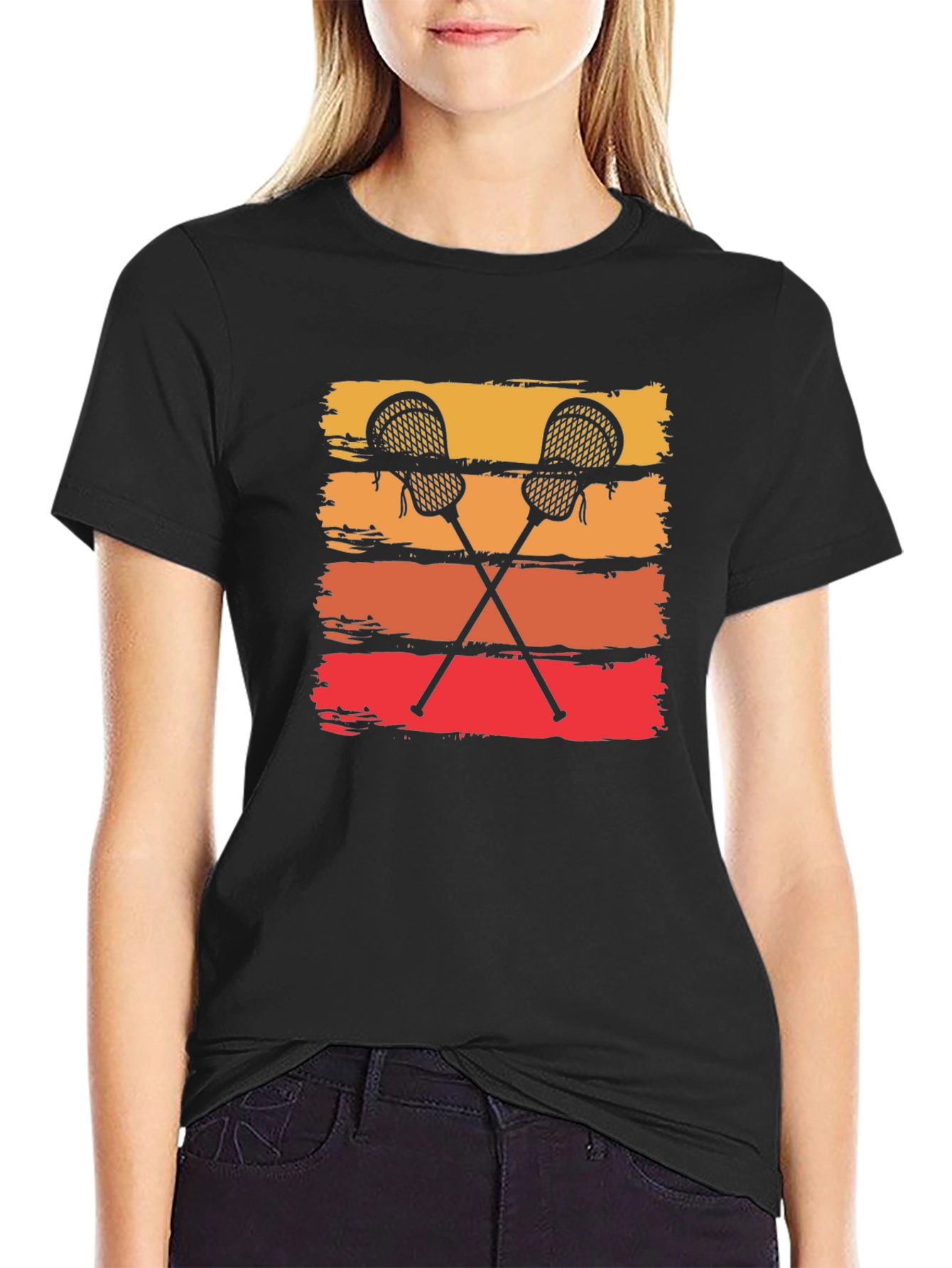 Retro Lacrosse Sticks Tee - Sunset Stripes Graphic T-Shirt