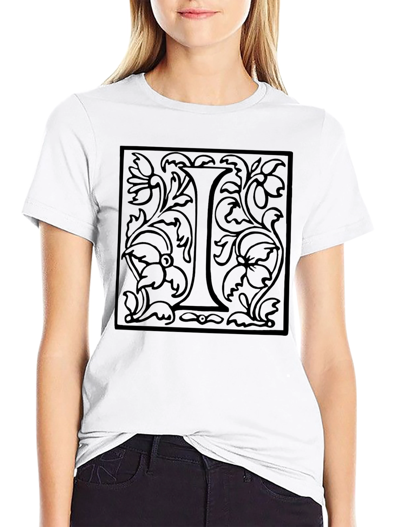 Floral Letter I Black Graphic Tee
