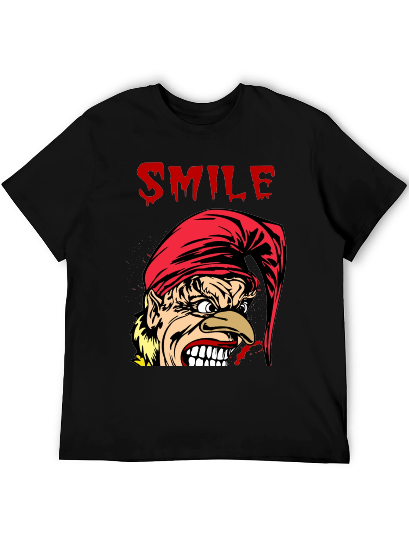 Creepy Cartoon Elf Smile Graphic Black T-Shirt