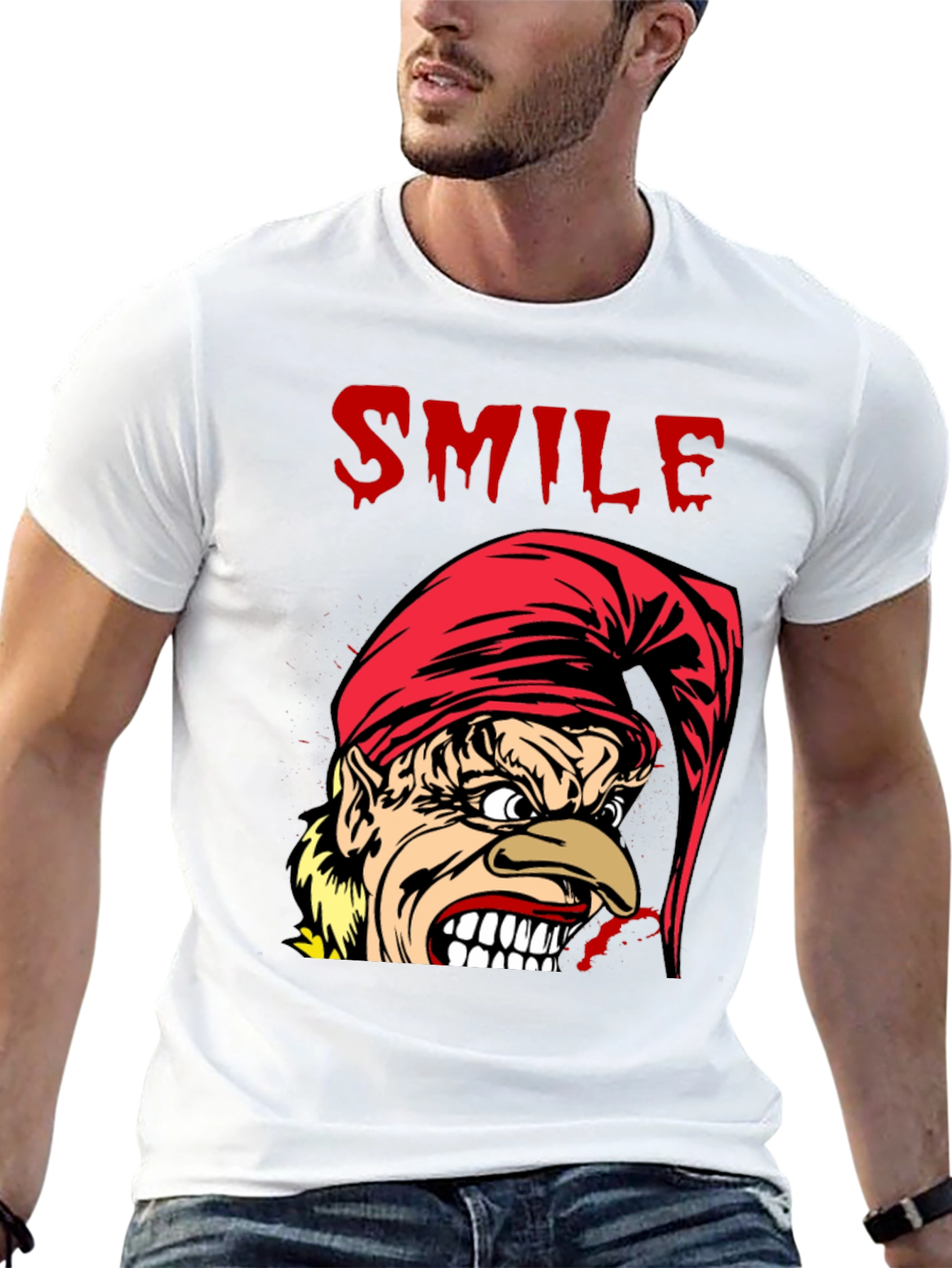Creepy Cartoon Elf Smile Graphic Black T-Shirt