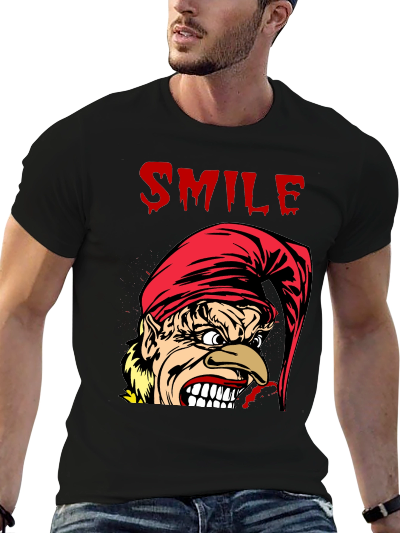 Creepy Cartoon Elf Smile Graphic Black T-Shirt