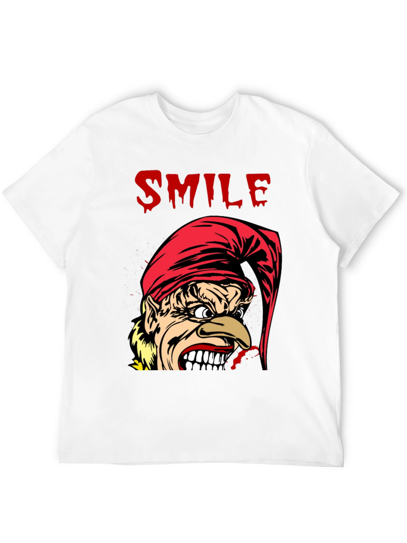Creepy Cartoon Elf Smile Graphic Black T-Shirt