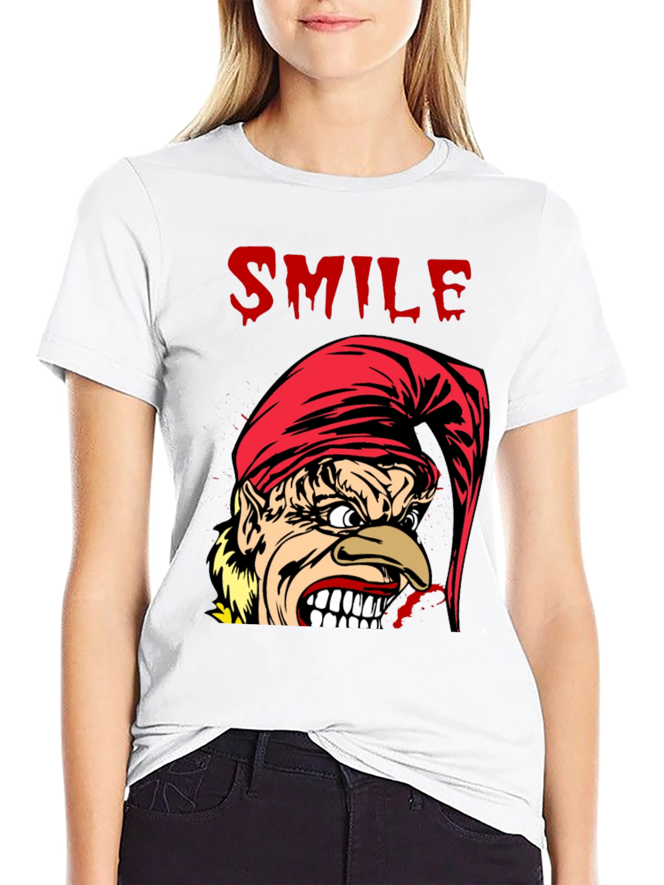 Creepy Cartoon Elf Smile Graphic Black T-Shirt