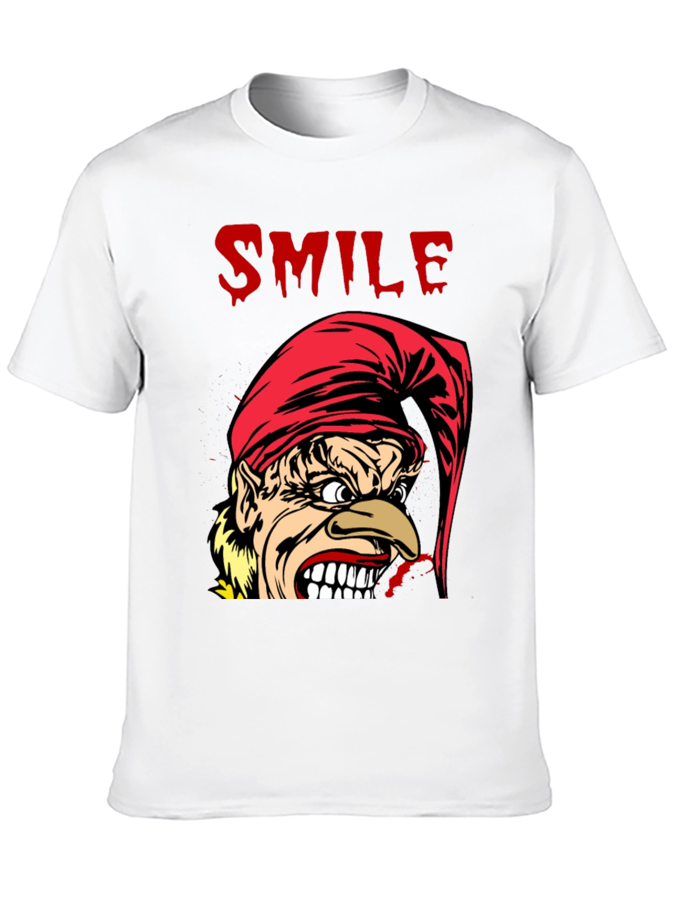 Creepy Cartoon Elf Smile Graphic Black T-Shirt