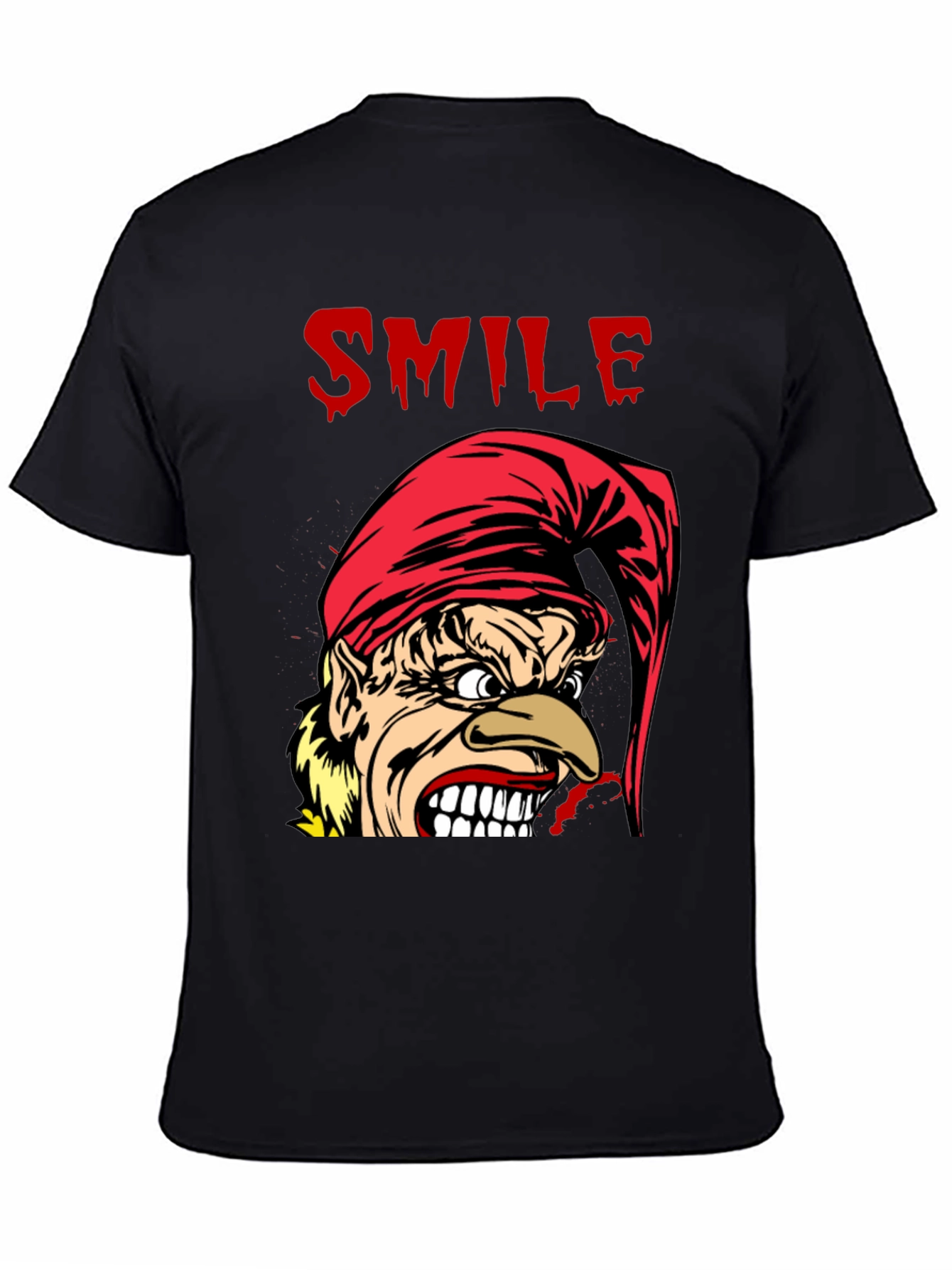 Creepy Cartoon Elf Smile Graphic Black T-Shirt