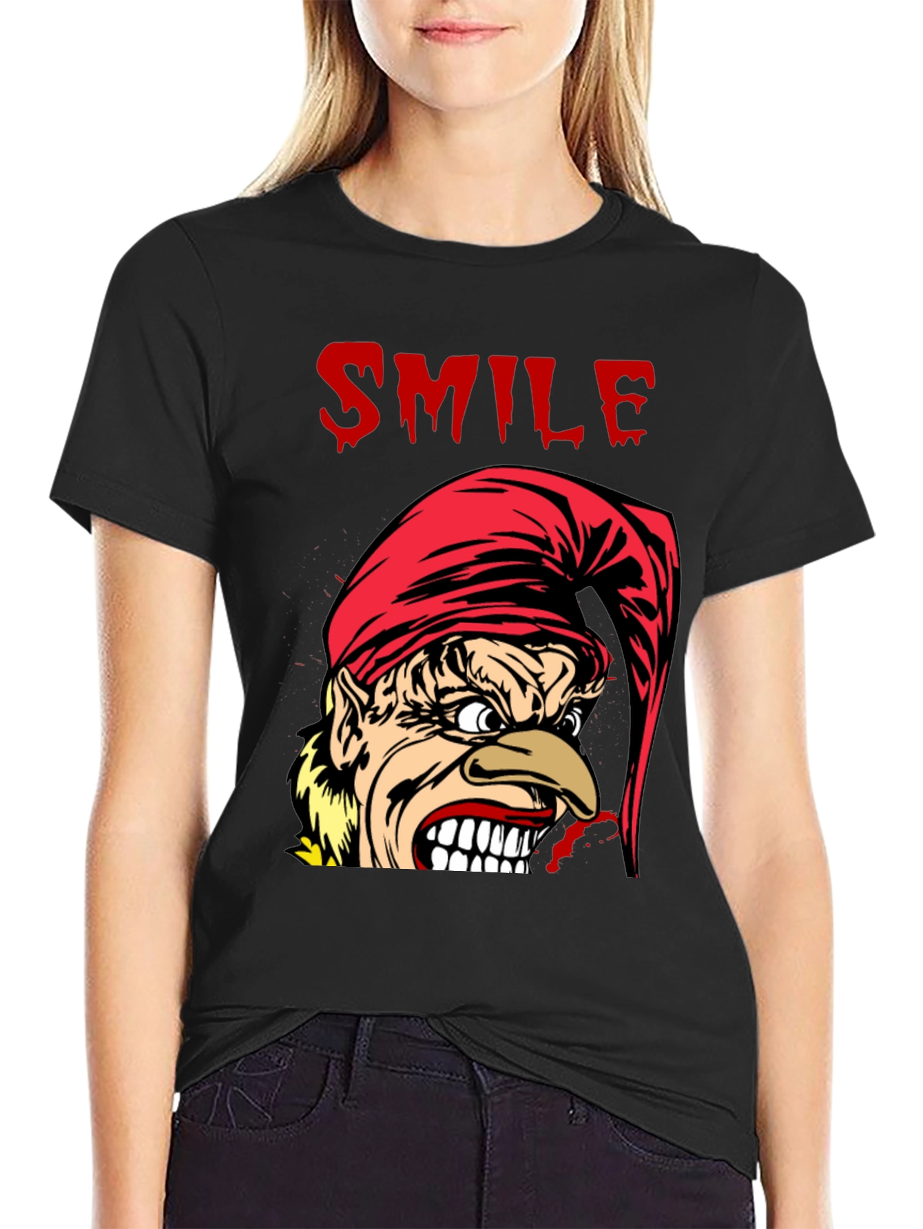Creepy Cartoon Elf Smile Graphic Black T-Shirt