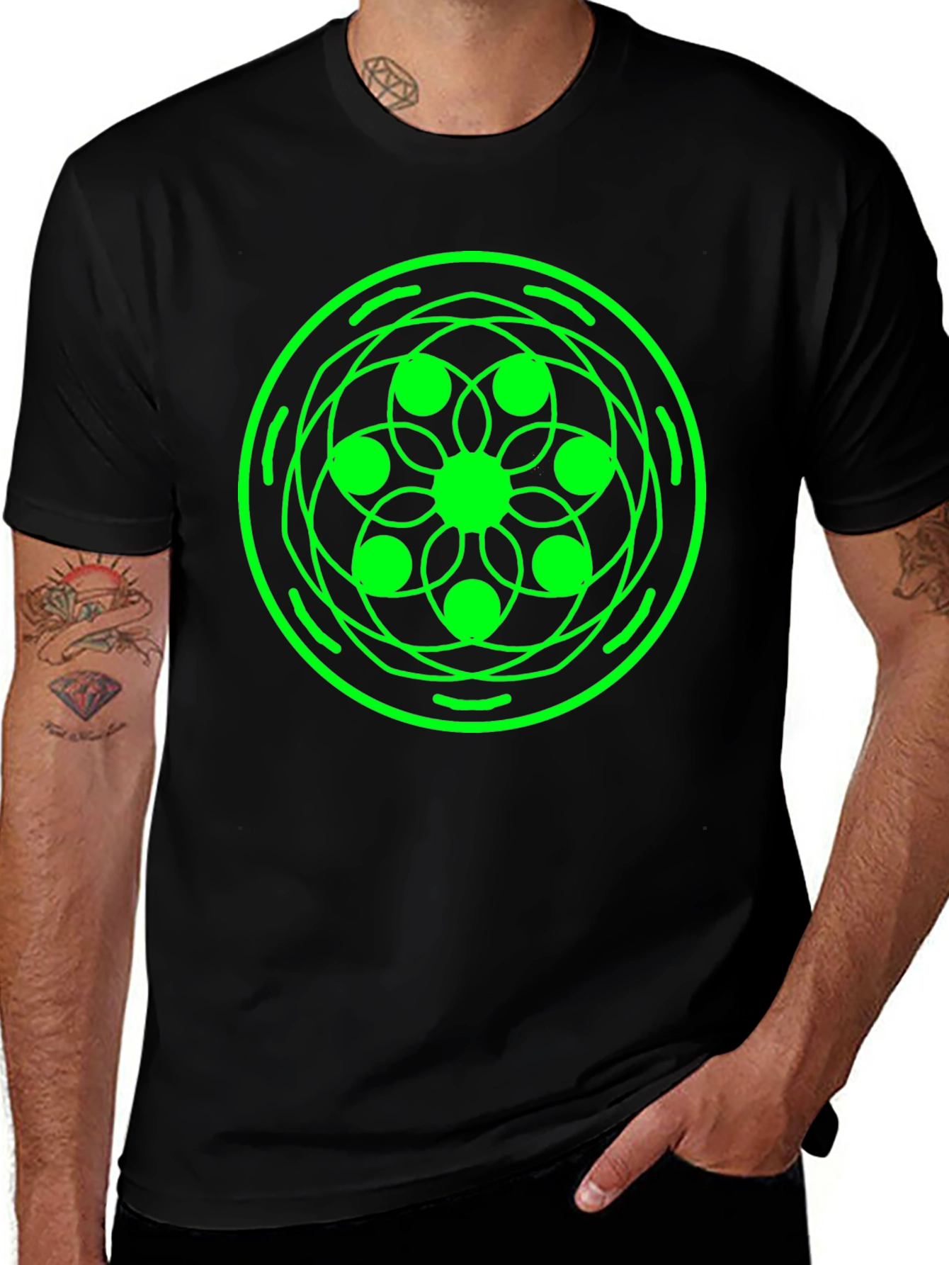 Geometric Green Design Black T-Shirt
