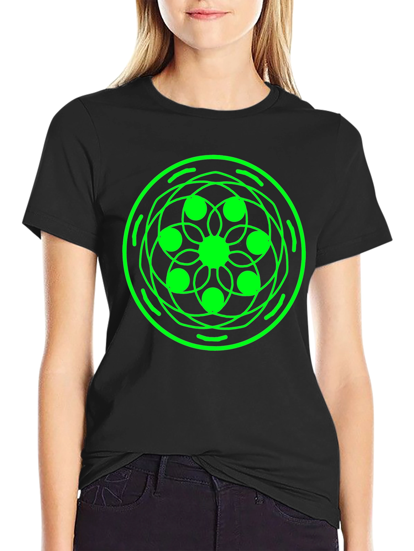 Geometric Green Design Black T-Shirt