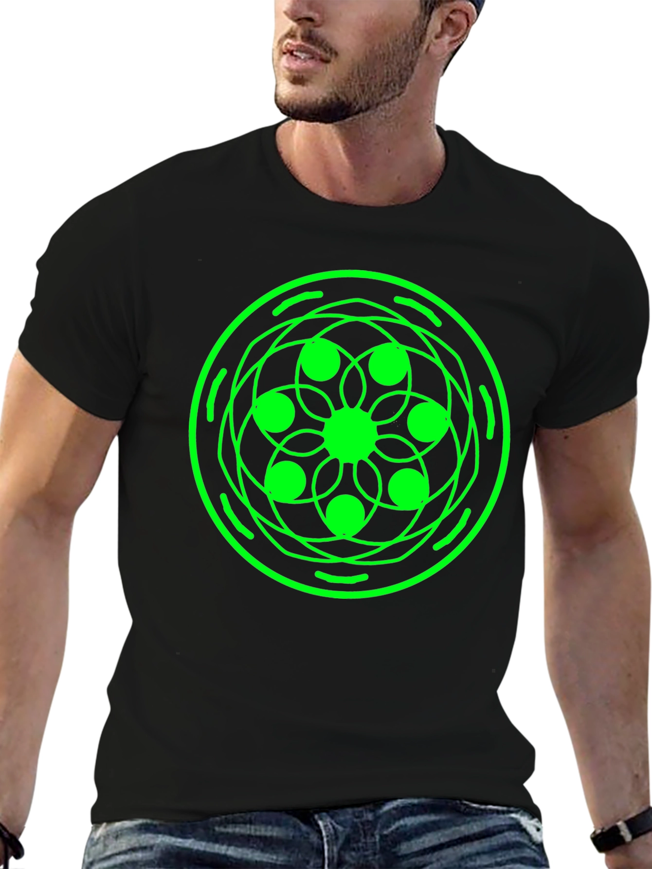 Geometric Green Design Black T-Shirt