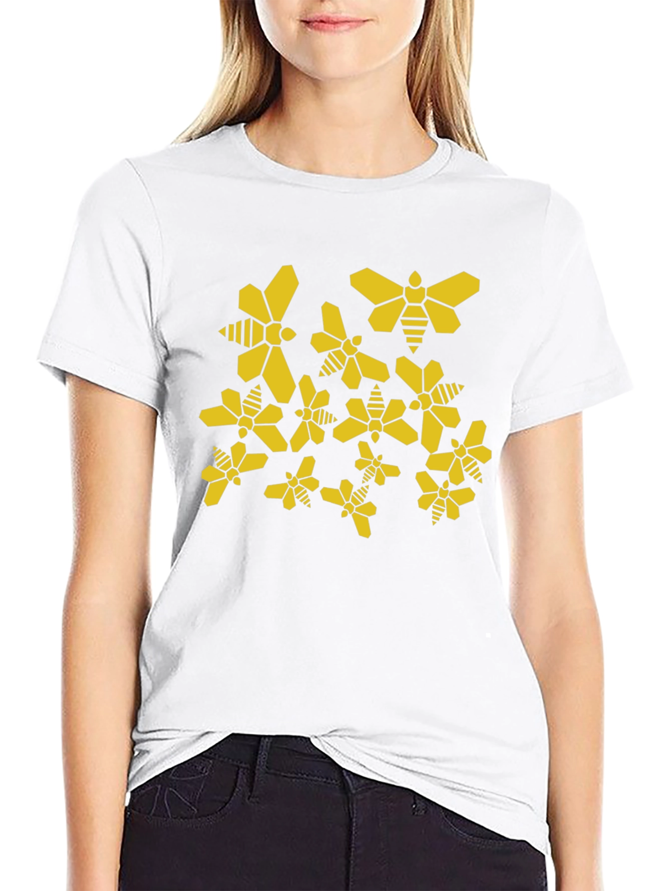 Geometric Bee Pattern Black T-Shirt