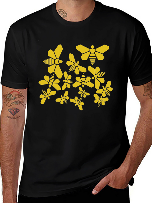 Geometric Bee Pattern Black T-Shirt