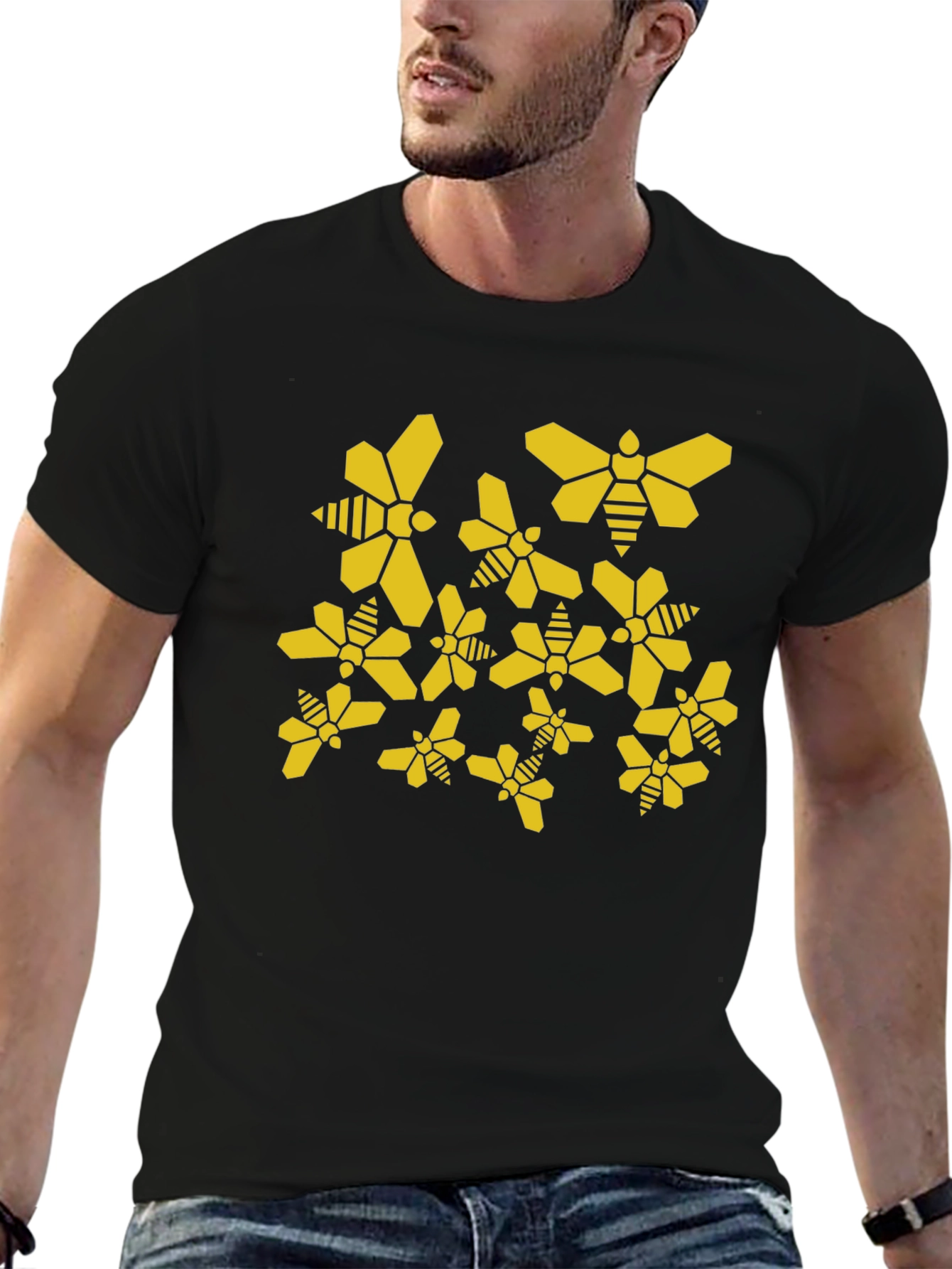 Geometric Bee Pattern Black T-Shirt