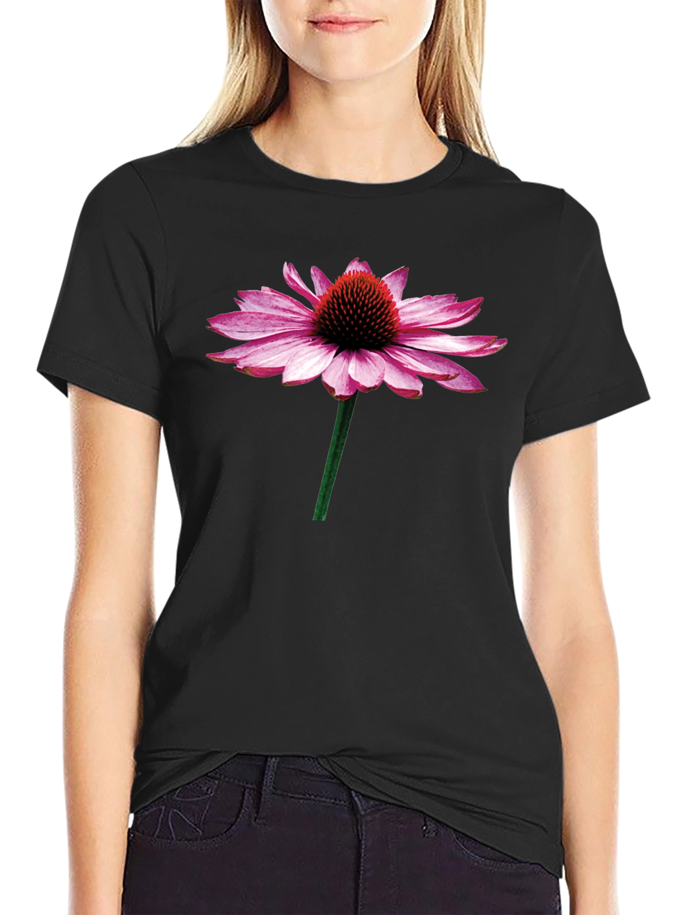 Echinacea Flower Graphic T-Shirt - Black Cotton Tee