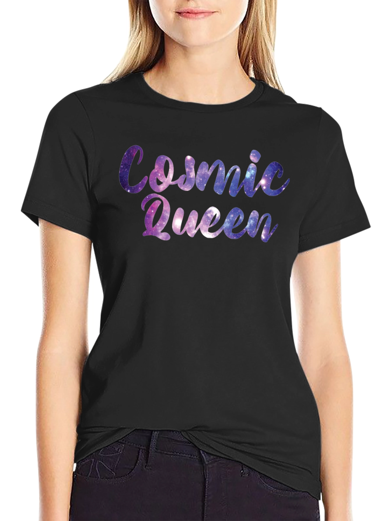 Cosmic Queen Black T-Shirt - Galaxy Design