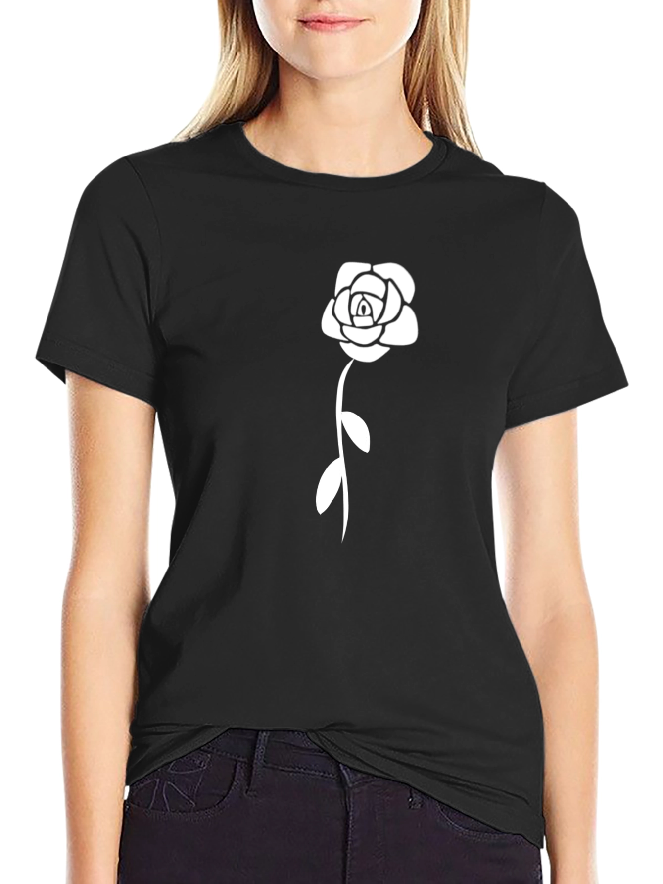 Black T-Shirt with White Rose Design