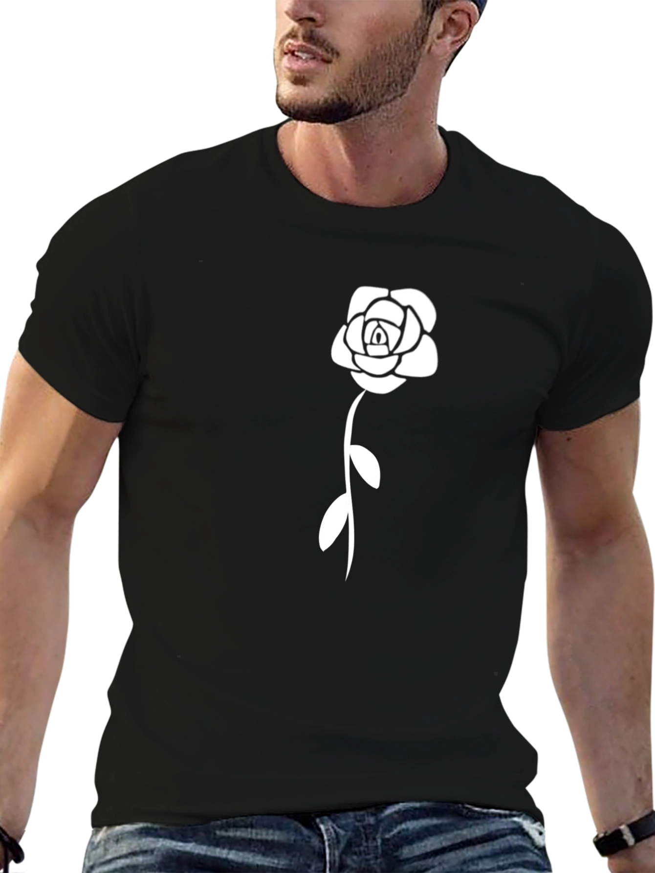 Black T-Shirt with White Rose Design