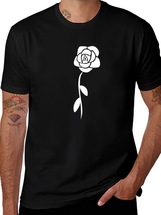 Black T-Shirt with White Rose Design