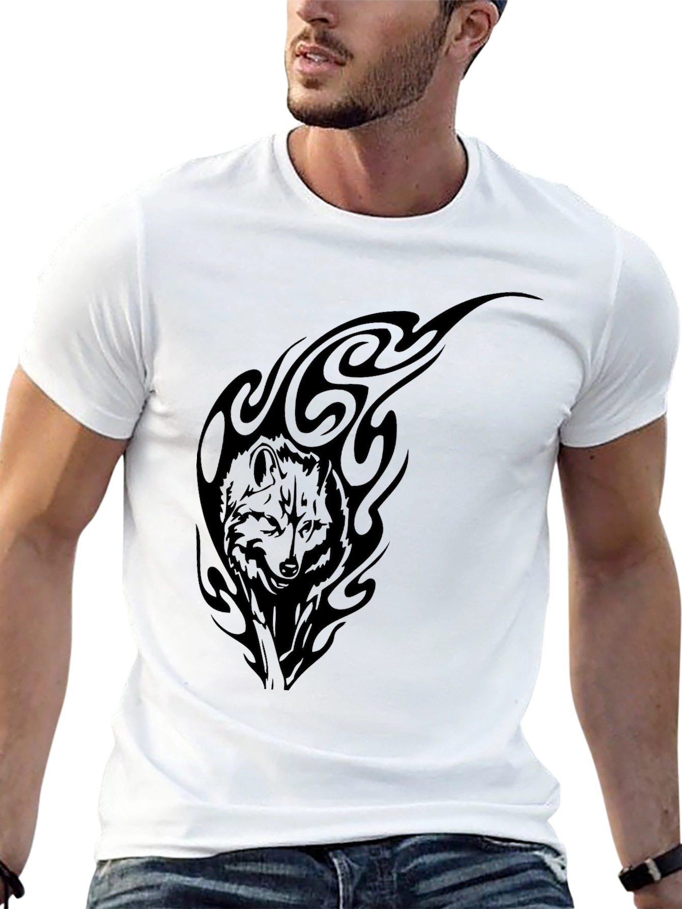 Wolf Tribal Graphic Tee - Black Cotton T-Shirt