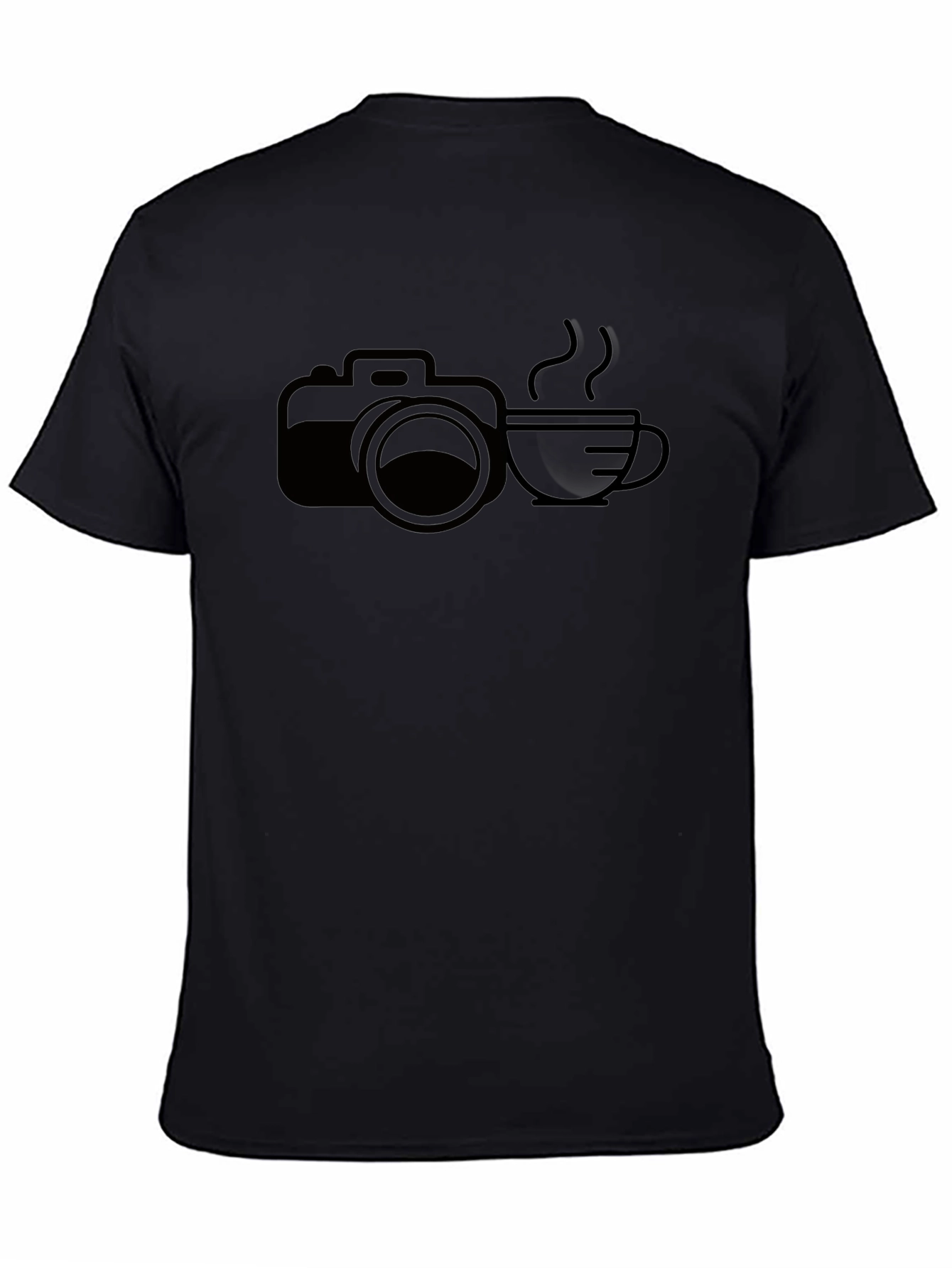 Camera & Coffee Graphic Tee - Black Cotton T-Shirt