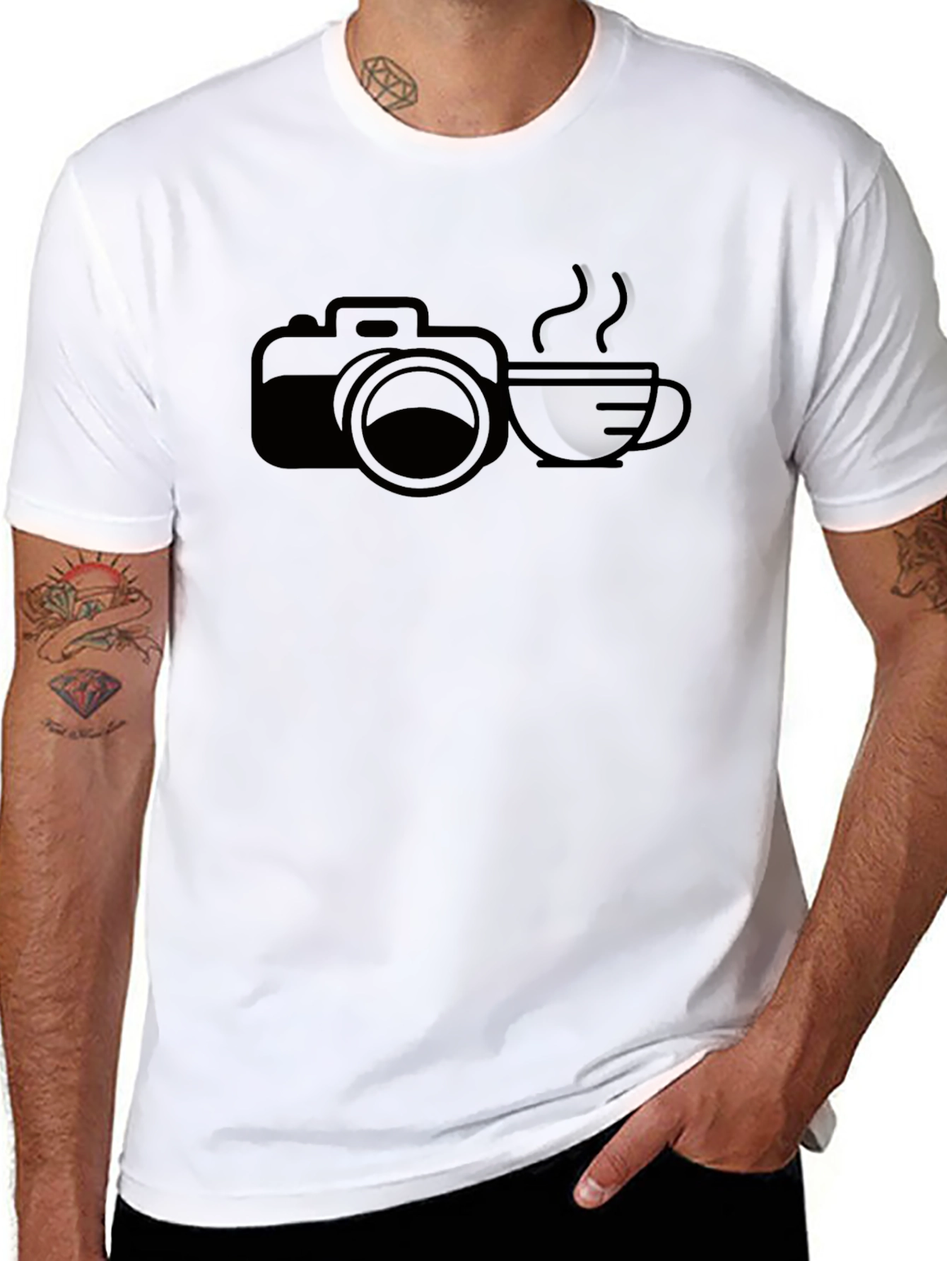 Camera & Coffee Graphic Tee - Black Cotton T-Shirt