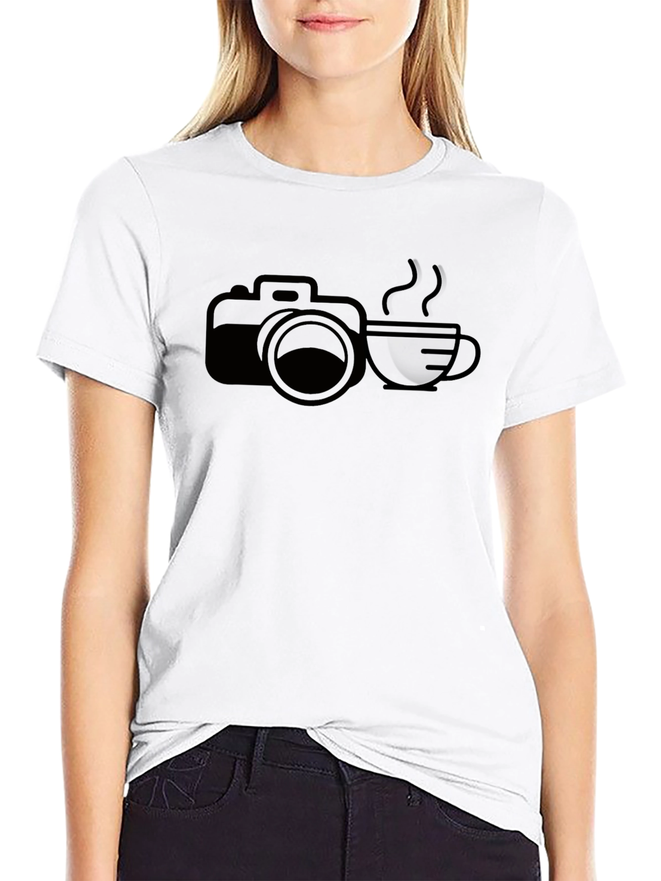 Camera & Coffee Graphic Tee - Black Cotton T-Shirt