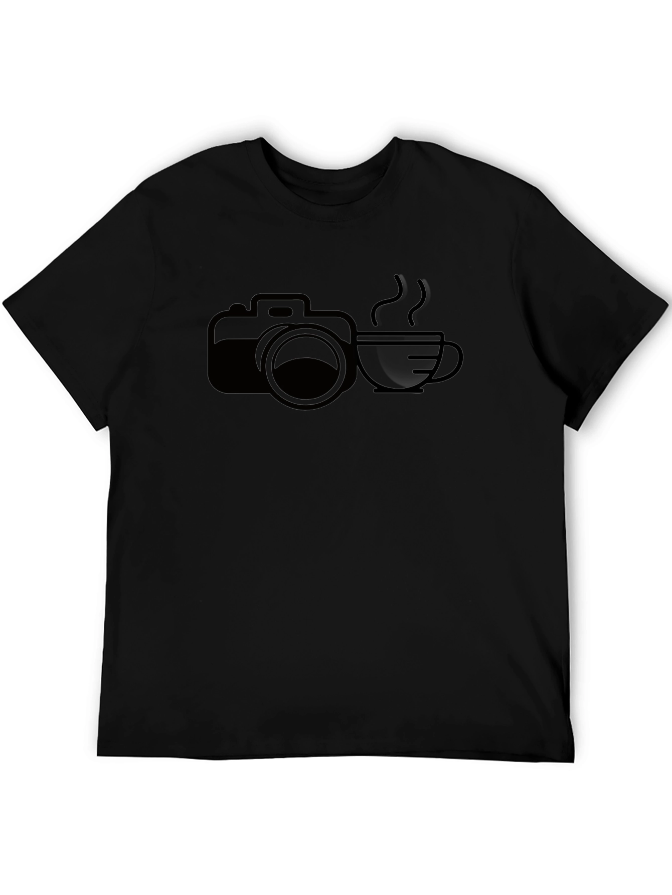 Camera & Coffee Graphic Tee - Black Cotton T-Shirt