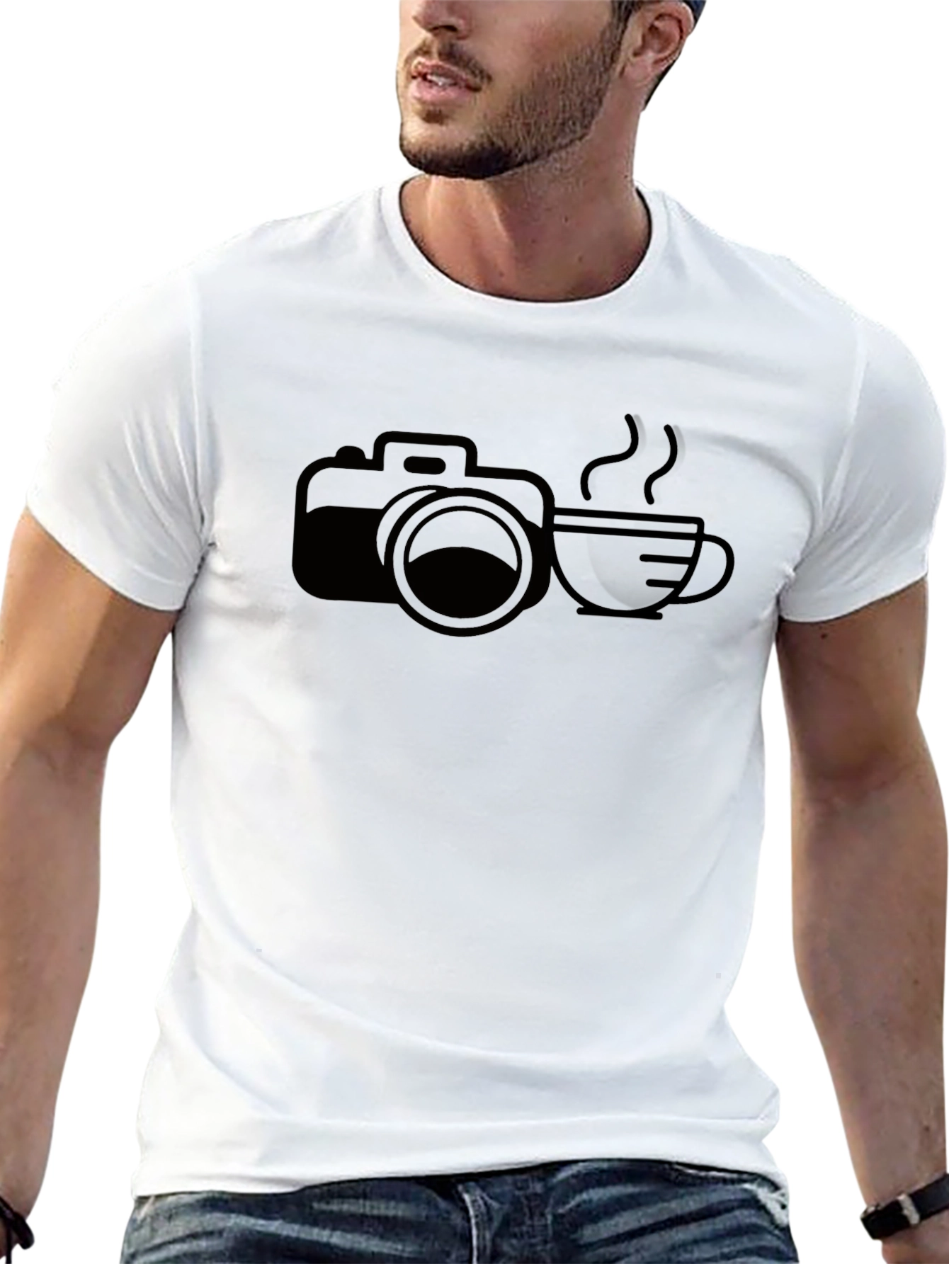 Camera & Coffee Graphic Tee - Black Cotton T-Shirt
