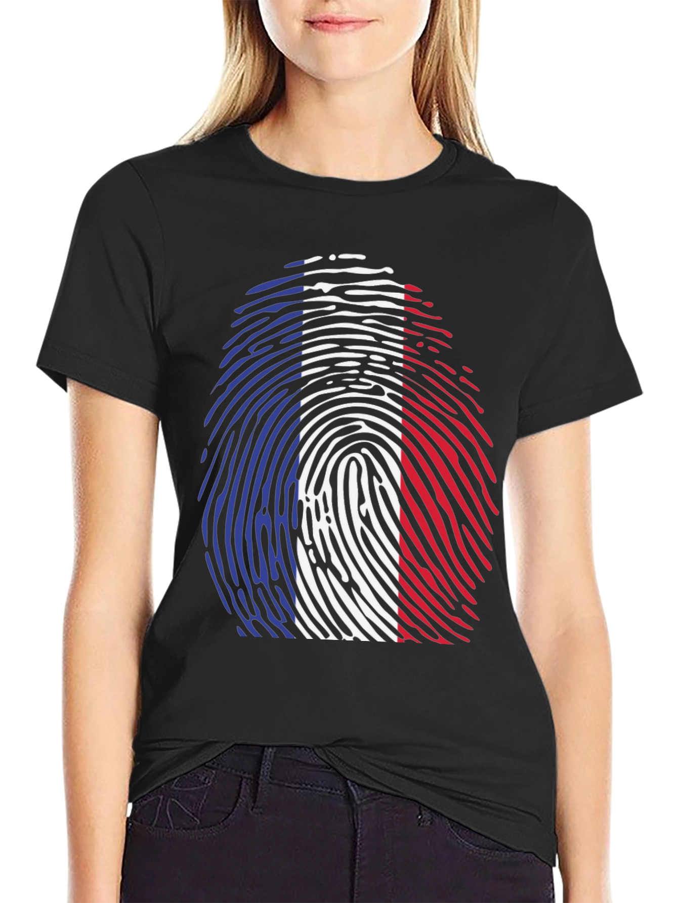 French Flag Fingerprint T-Shirt - Black Cotton Tee