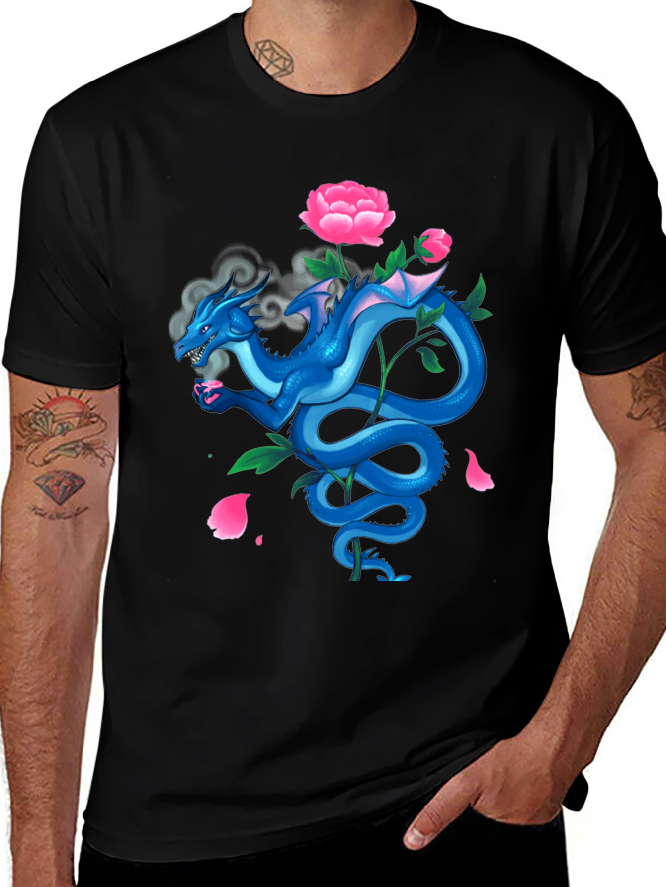 Dragon with Peonies Black T-Shirt
