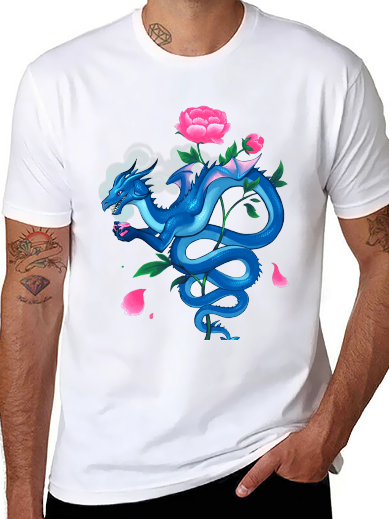 Dragon with Peonies Black T-Shirt