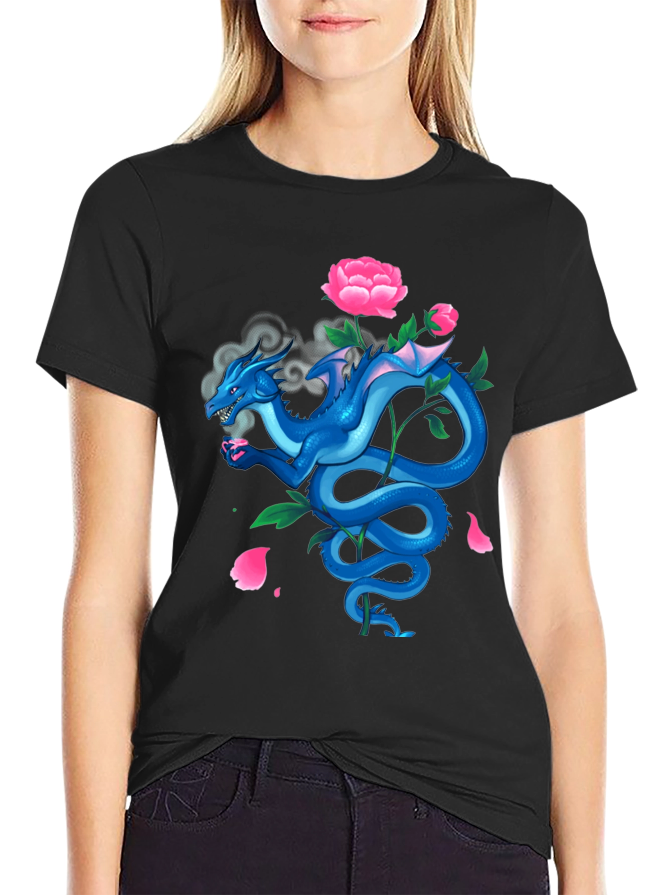 Dragon with Peonies Black T-Shirt
