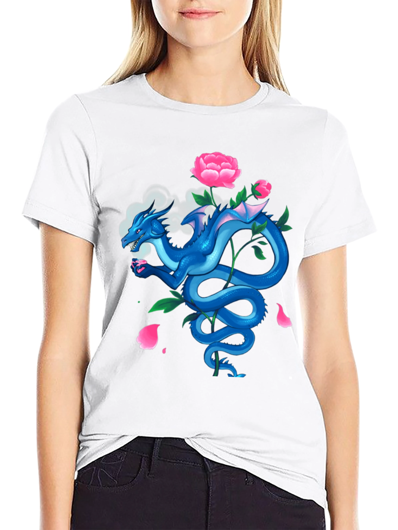 Dragon with Peonies Black T-Shirt