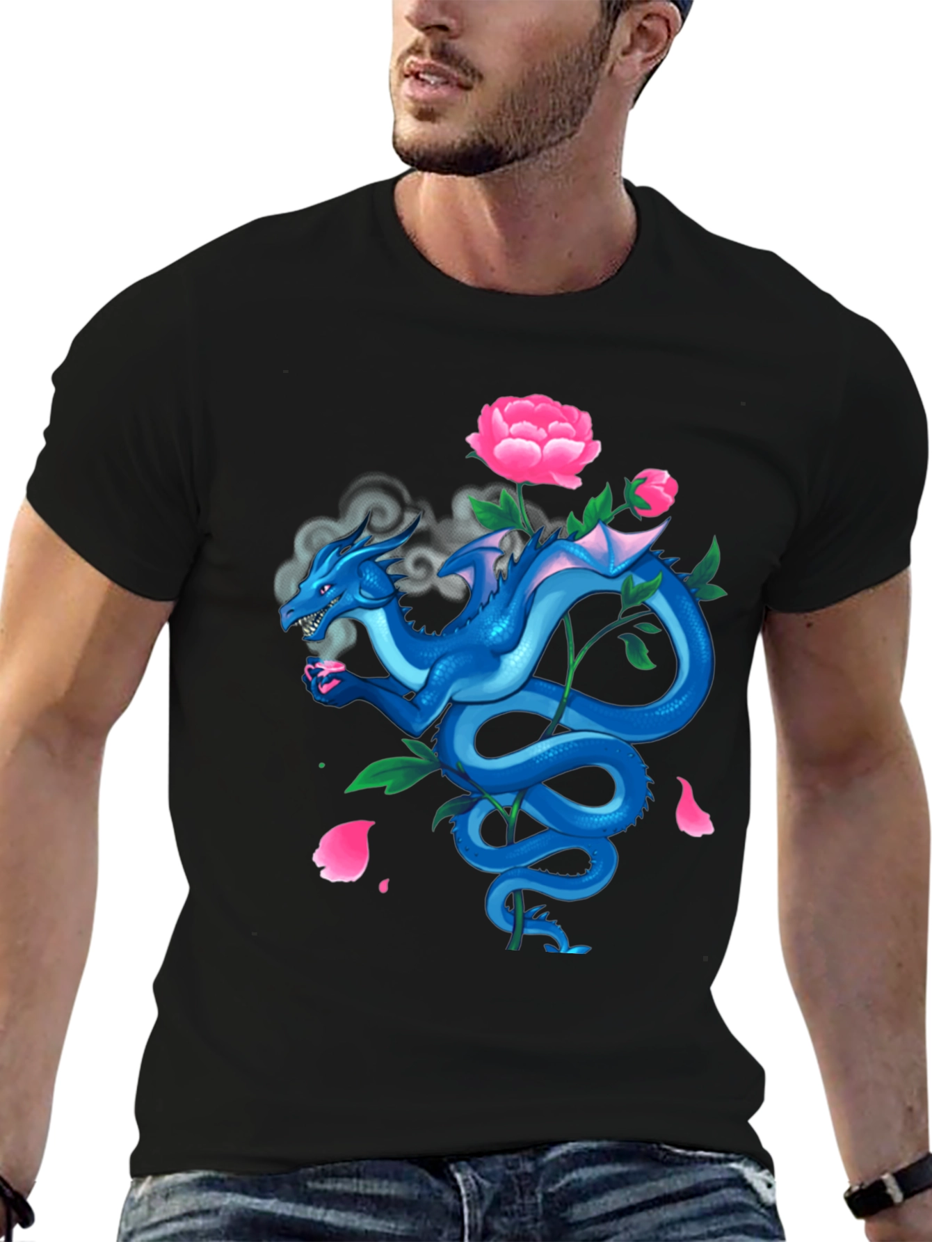 Dragon with Peonies Black T-Shirt