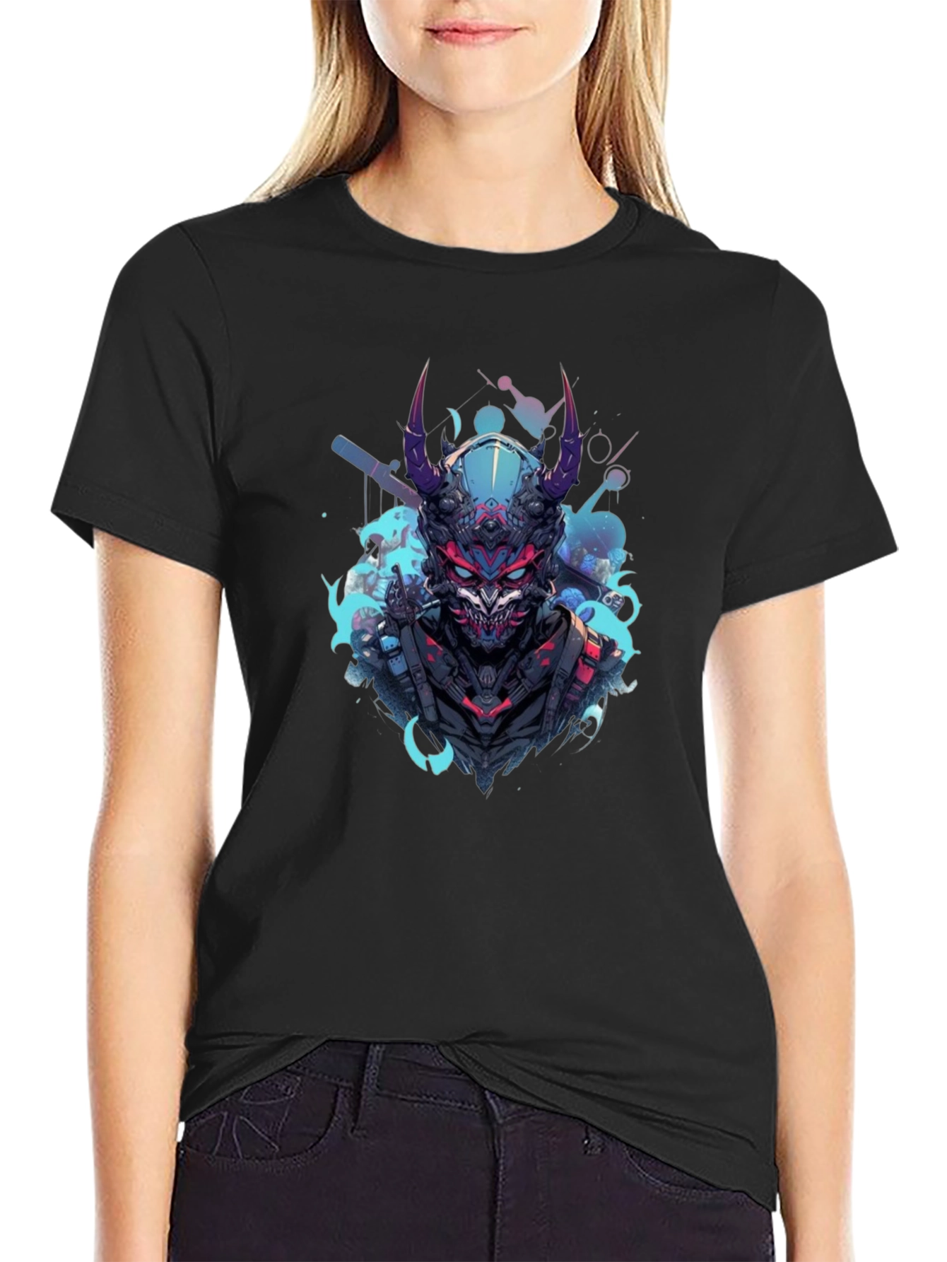 Cyberpunk Oni Graphic Tee - Black Cotton