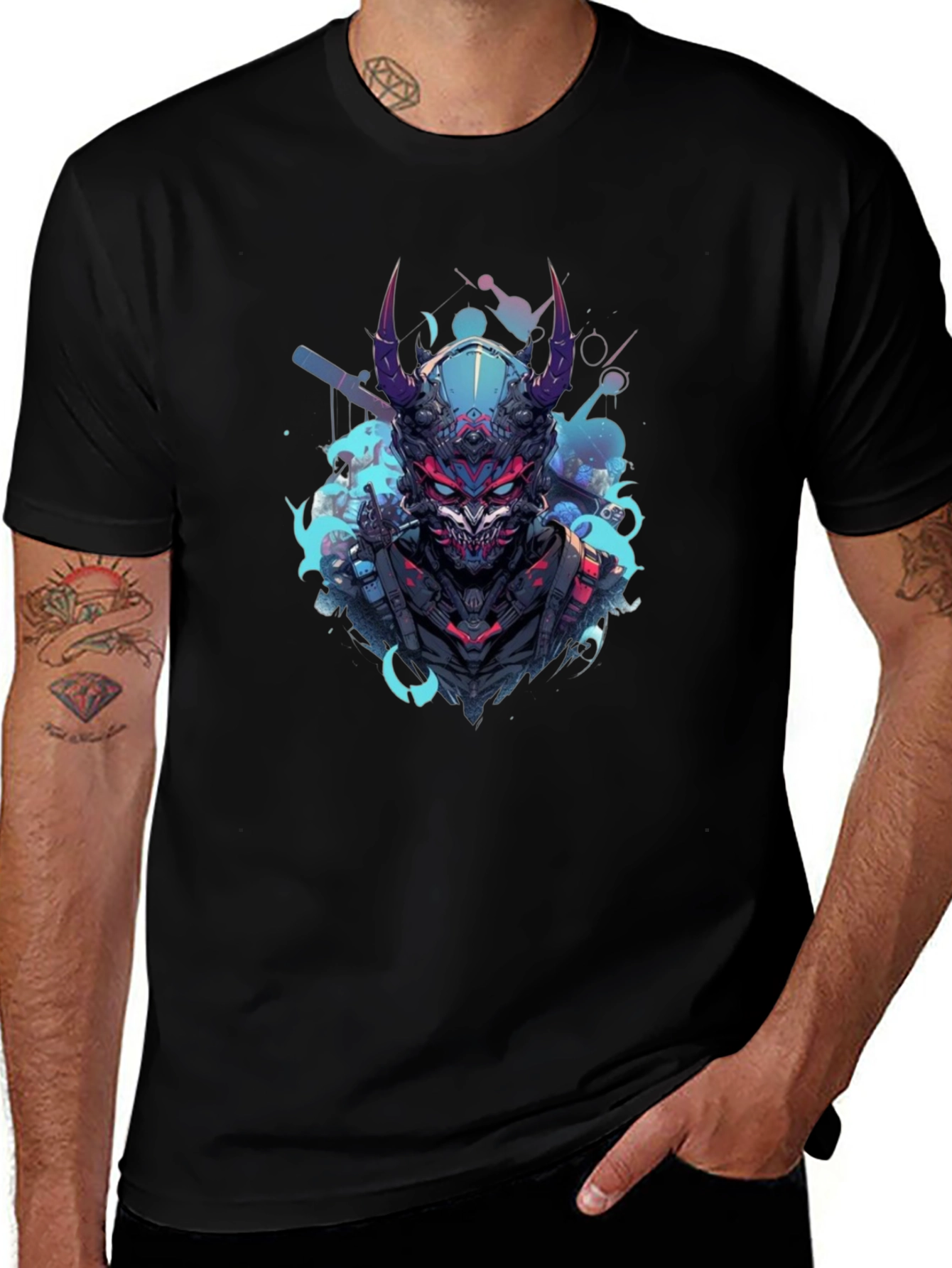 Cyberpunk Oni Graphic Tee - Black Cotton
