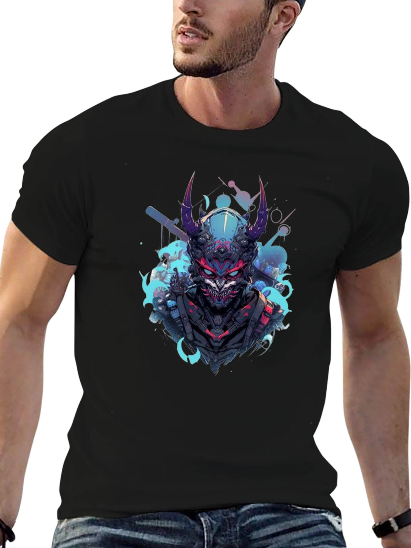 Cyberpunk Oni Graphic Tee - Black Cotton
