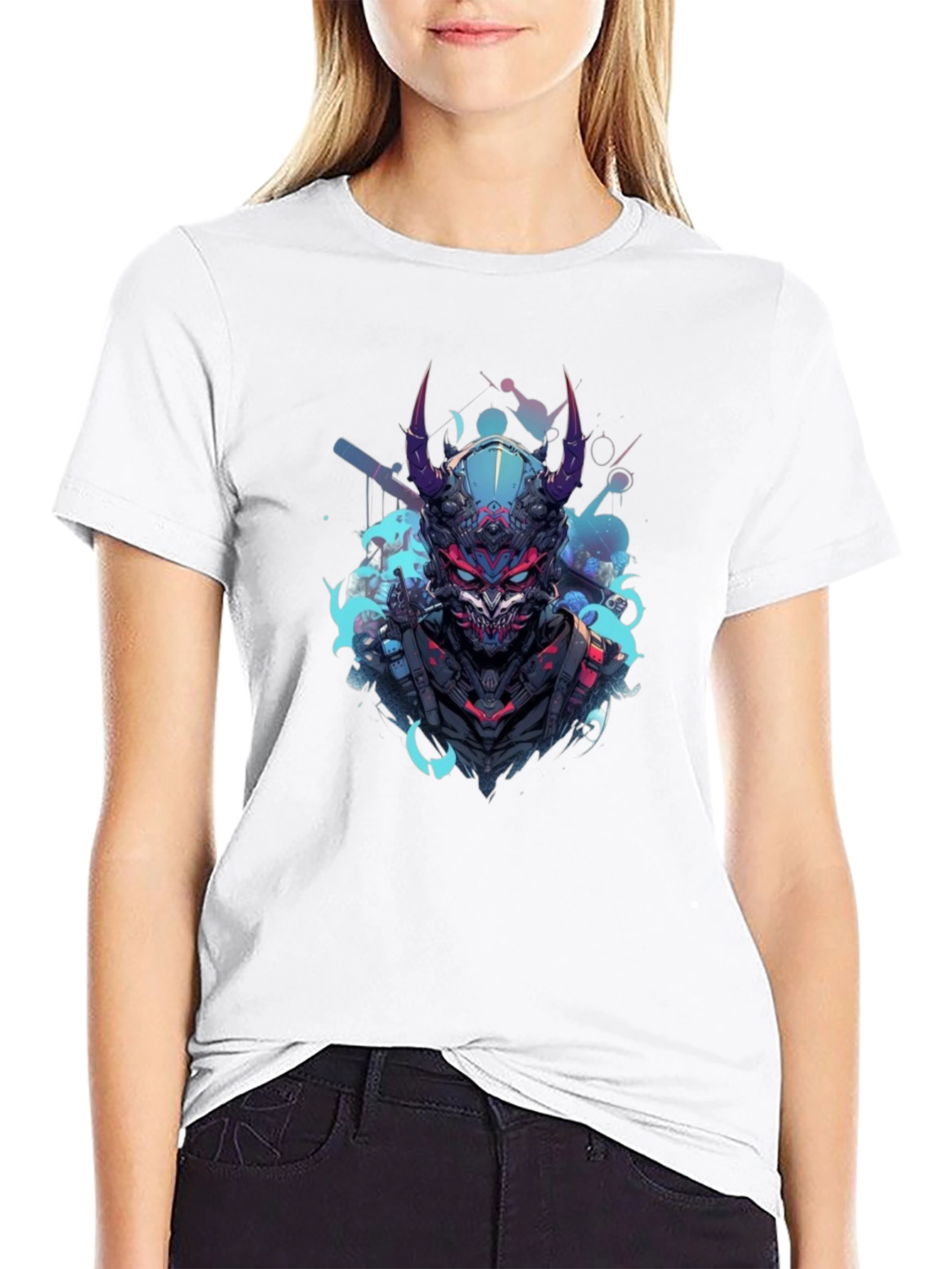 Cyberpunk Oni Graphic Tee - Black Cotton