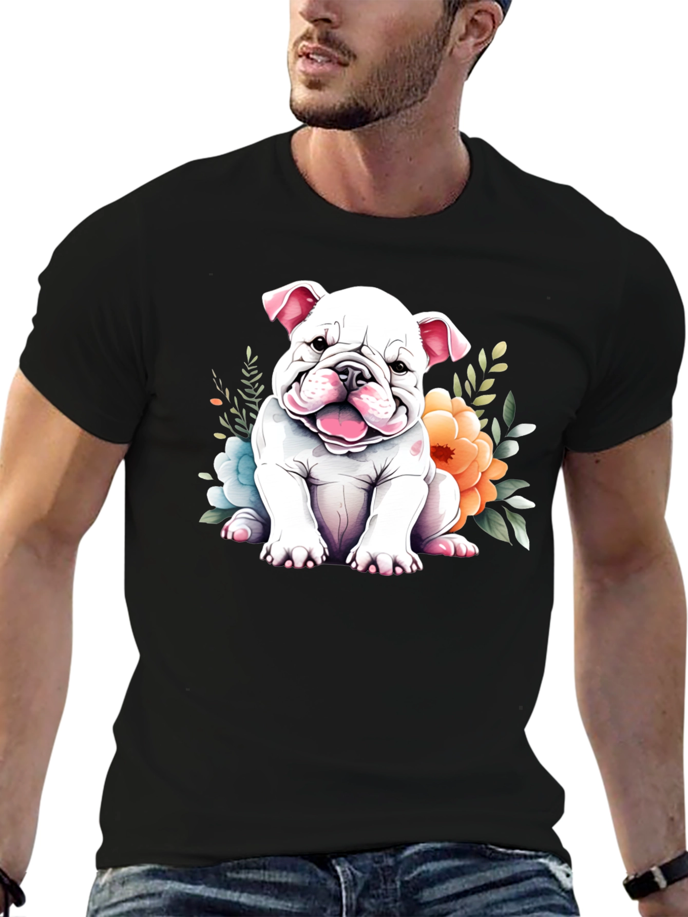 Cute Bulldog Puppy Floral T-Shirt
