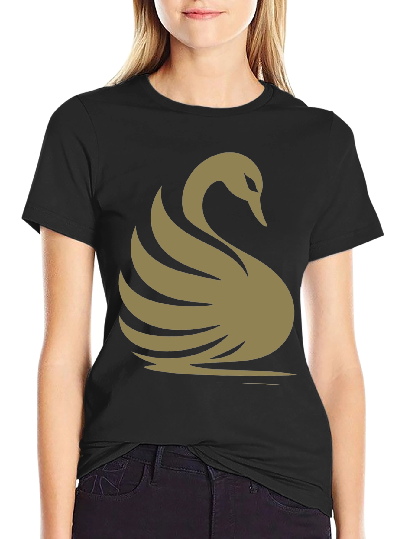 Elegant Swan Graphic Tee - Classic Black Cotton T-Shirt