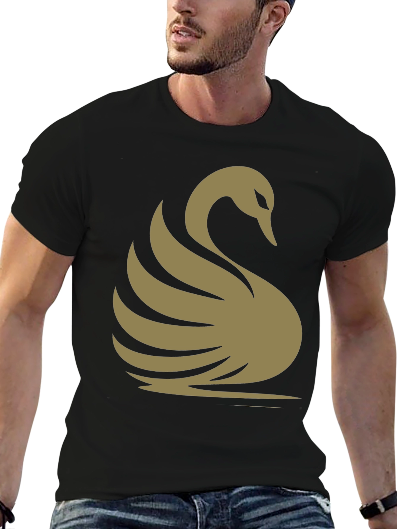 Elegant Swan Graphic Tee - Classic Black Cotton T-Shirt