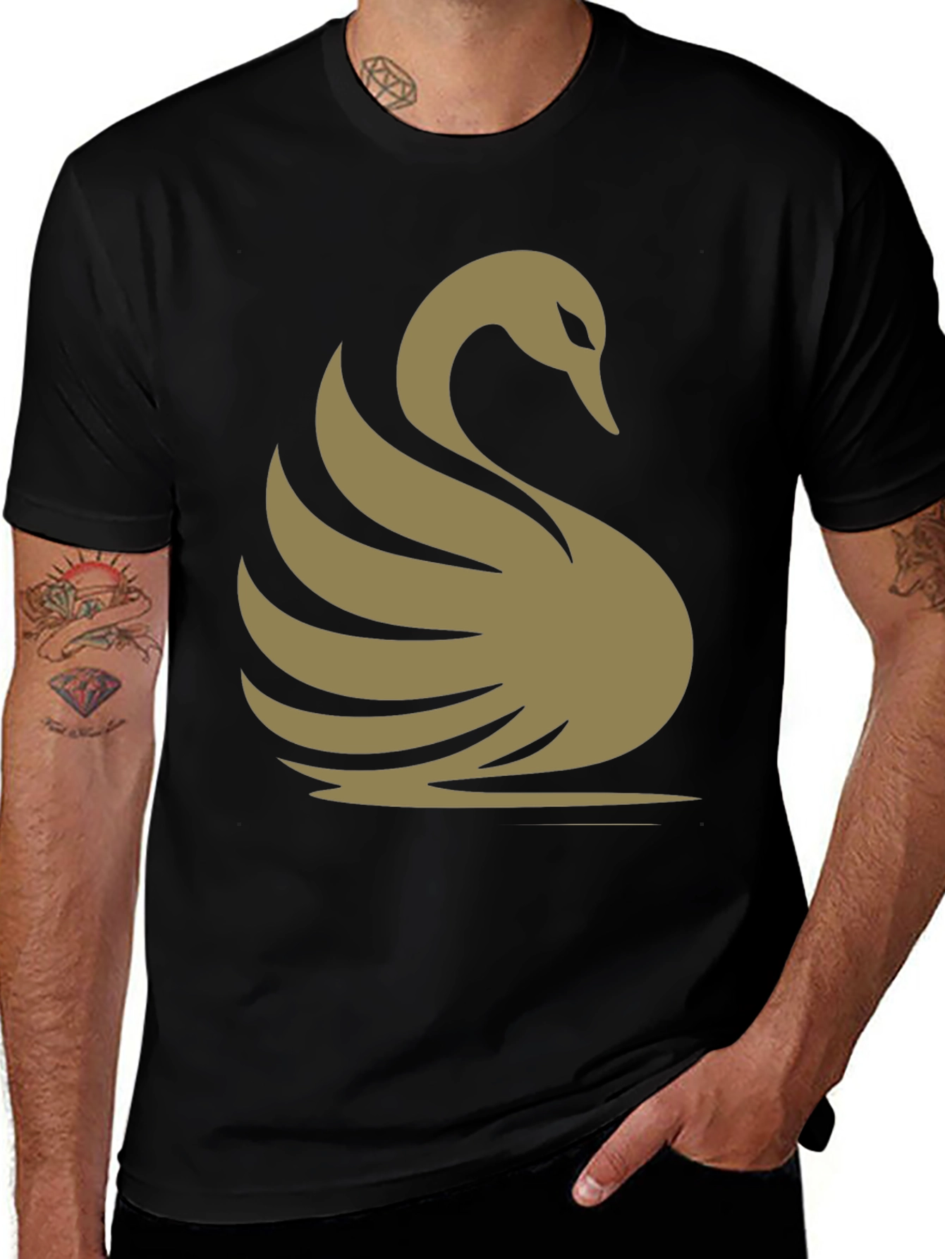 Elegant Swan Graphic Tee - Classic Black Cotton T-Shirt