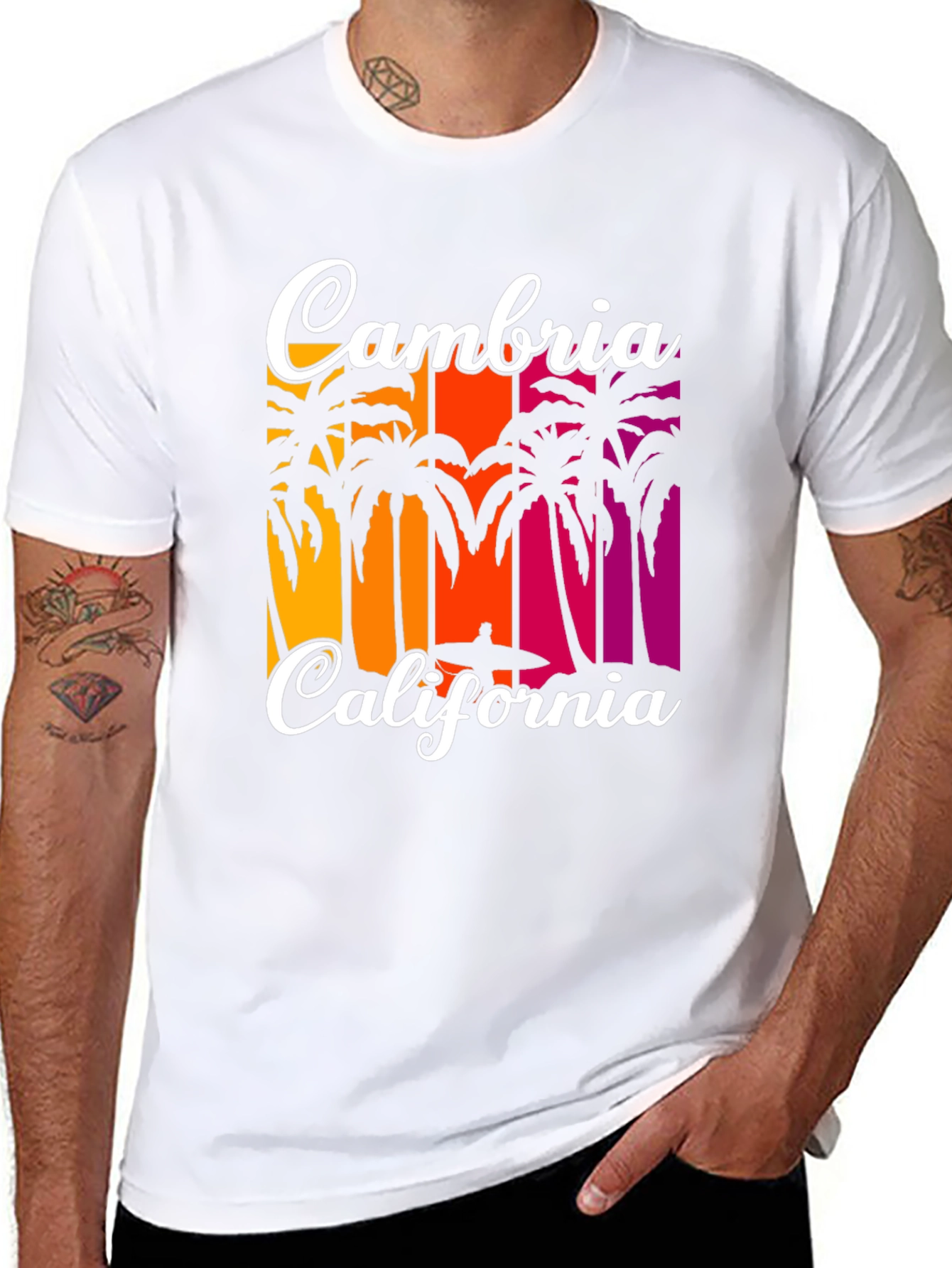 Cambria California T-Shirt: Beach Palm Tree Sunset Design