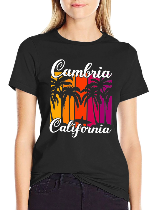 Cambria California T-Shirt: Beach Palm Tree Sunset Design