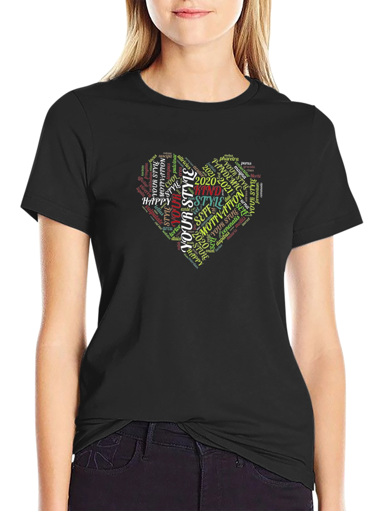 Trendy Word Art Heart Graphic Tee - Black
